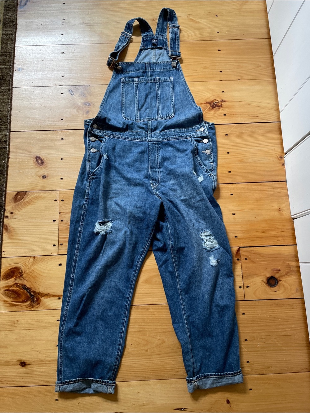 GAP Medium Wash Distructed Boyfriend Denim Overalls Large